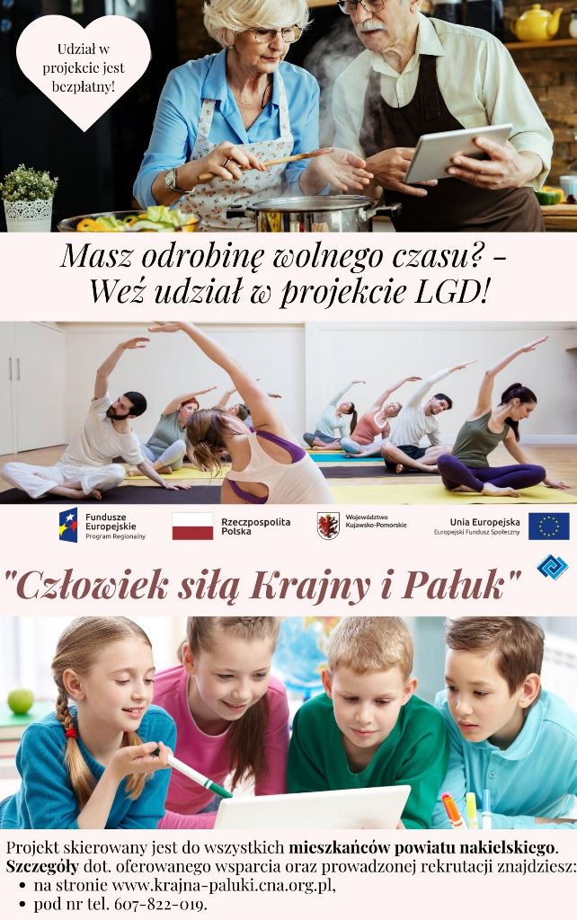 Na górze plakatu dwoje seniorów gotuje. Środkowy plan to osoby ćwiczące. U dołu plakatu dzieci wpatrują się w laptopa.
