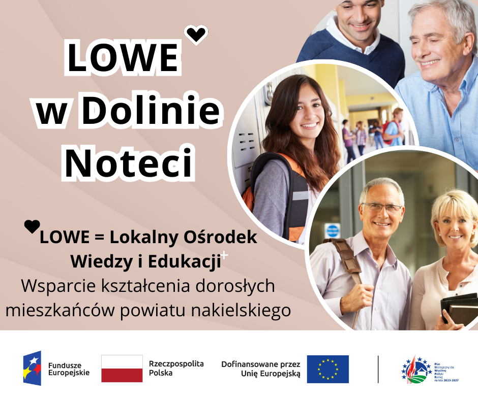 Kolaż zdjęć uśmiechniętych dorosłych, do których kierowane są zadania w ramach LOWE.